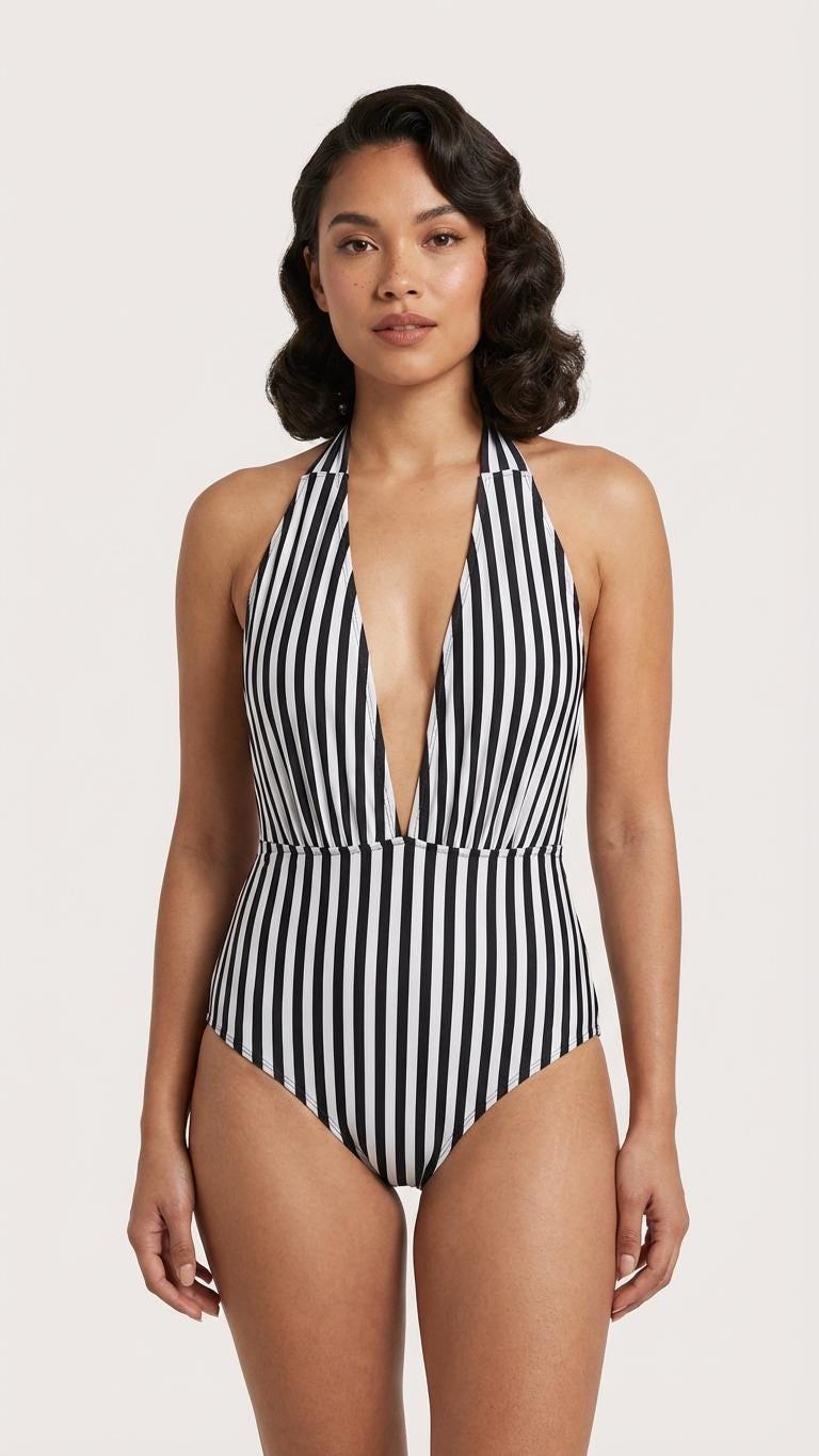 Striped Halter One-Piece Swimsuit – Retro Goth Pin-Up Style