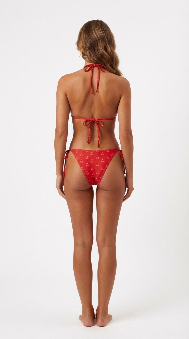 Red Cherry Print Bikini Set: Halterneck Tie-Up Swimwear