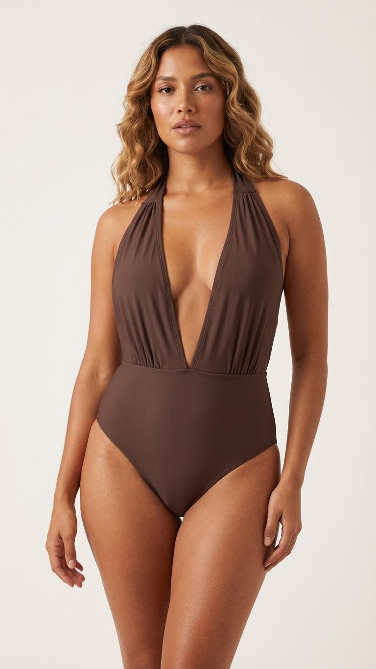70s Brown Halter Plunge One Piece Swimsuit
