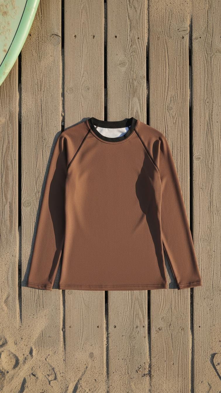 Retro Surf Swim Shirt, Brown Raglan Rash Guard, Sun Protection