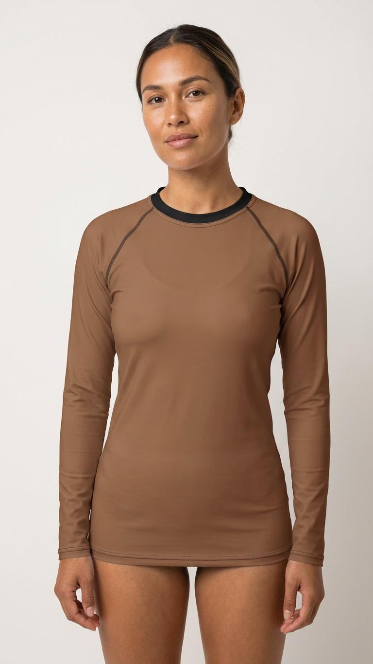 Retro Surf Swim Shirt, Brown Raglan Rash Guard, Sun Protection