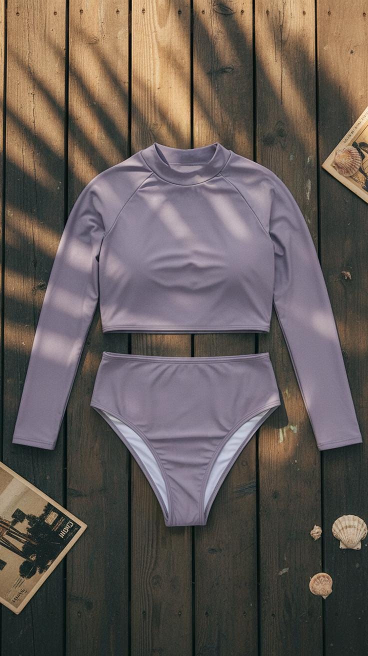 Lavender Long Sleeve Crop Top Bikini Set, High-Waist Retro Swimsuit