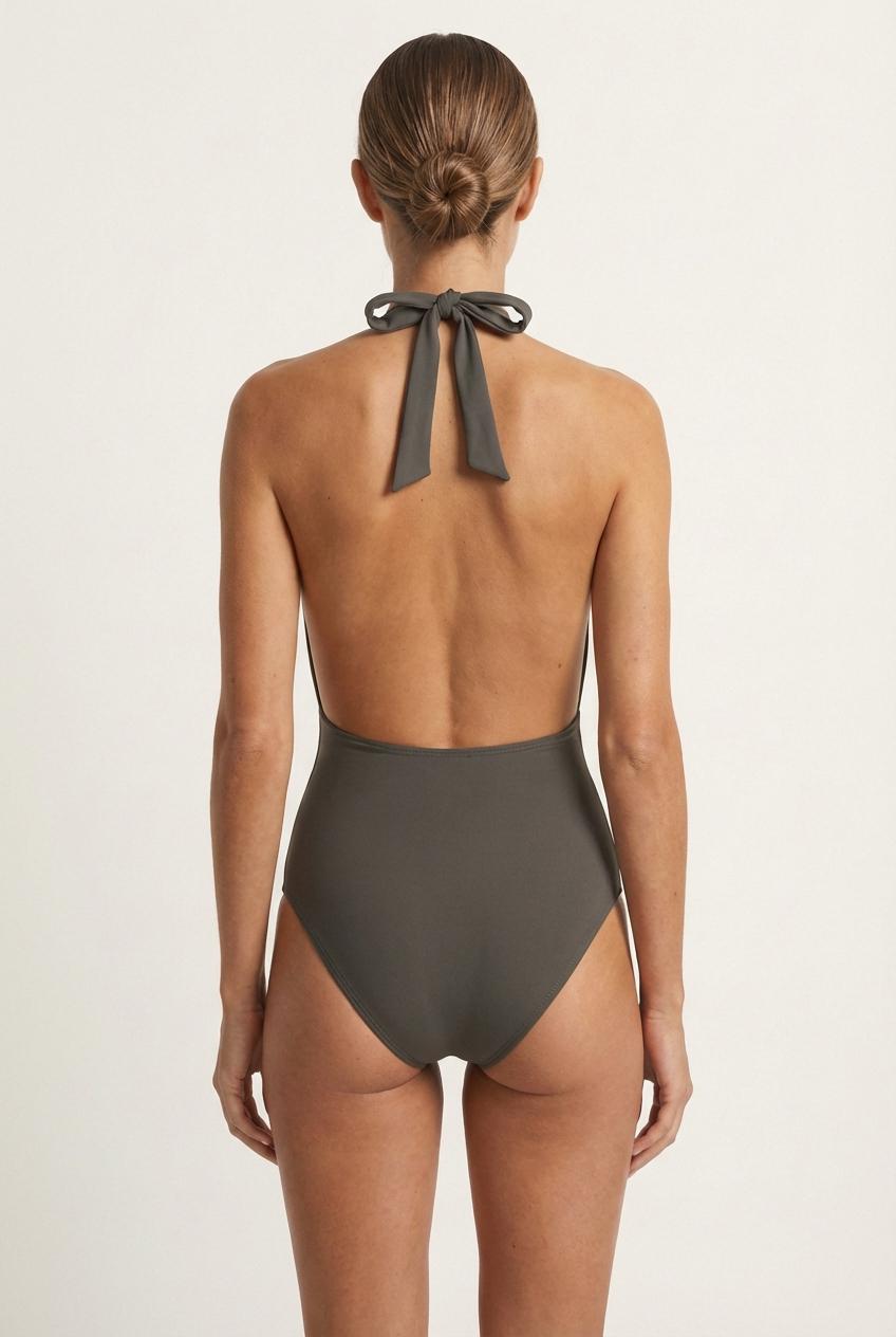 Retro Deep V Halter One-Piece Swimsuit - Charcoal Backless Swimwear