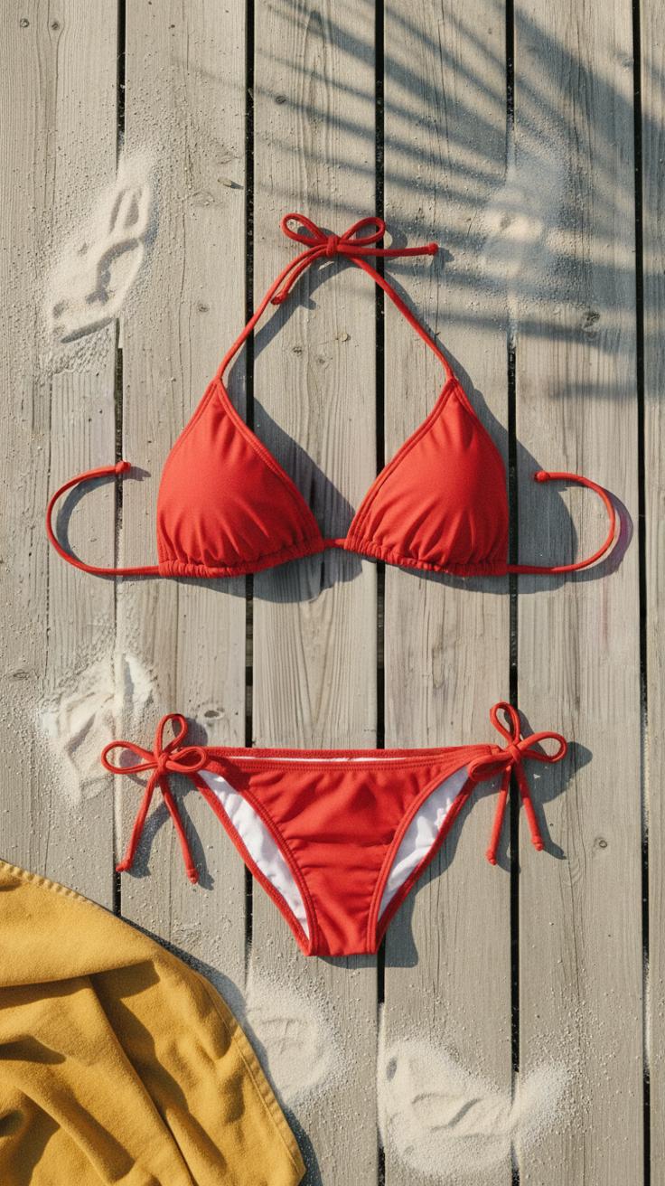 Spicy Red Triangle Bikini Set, Removable Pads, Adjustable Halter String Tie-Up Swimsuit, XS-2XL