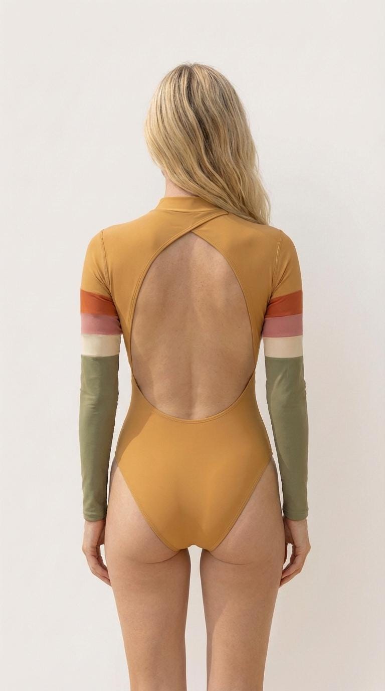 Retro Long-Sleeve Backless Swimsuit, 70s Vintage Surf-Inspired One-Piece Bathing Suit - Caramel Brown