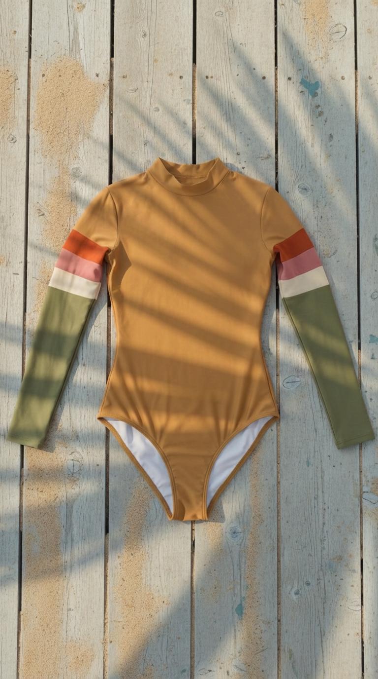 Retro Long-Sleeve Backless Swimsuit, 70s Vintage Surf-Inspired One-Piece Bathing Suit - Caramel Brown