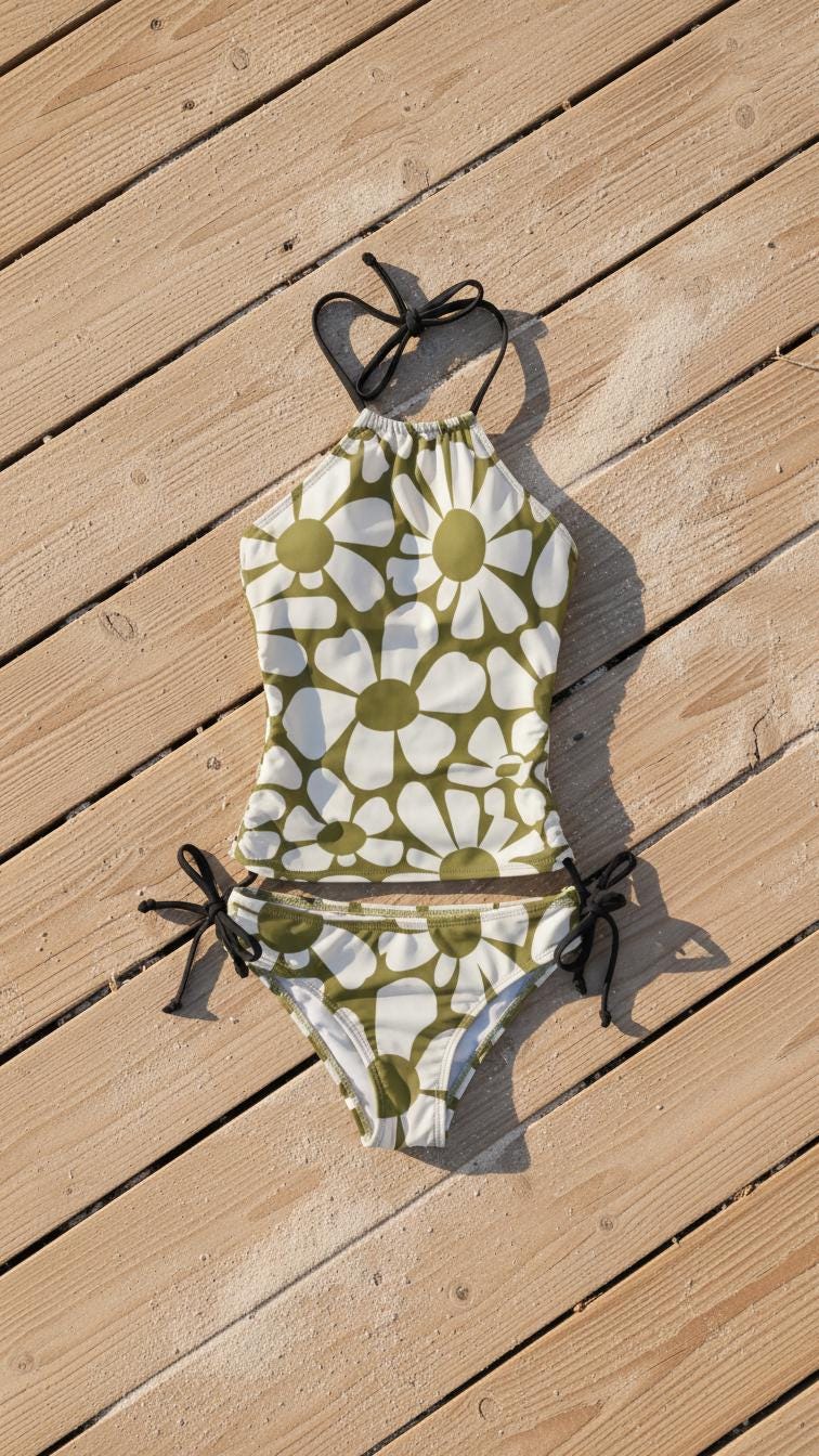 Retro Floral Tankini: 1960s Halter Swimsuit with Drawstrings