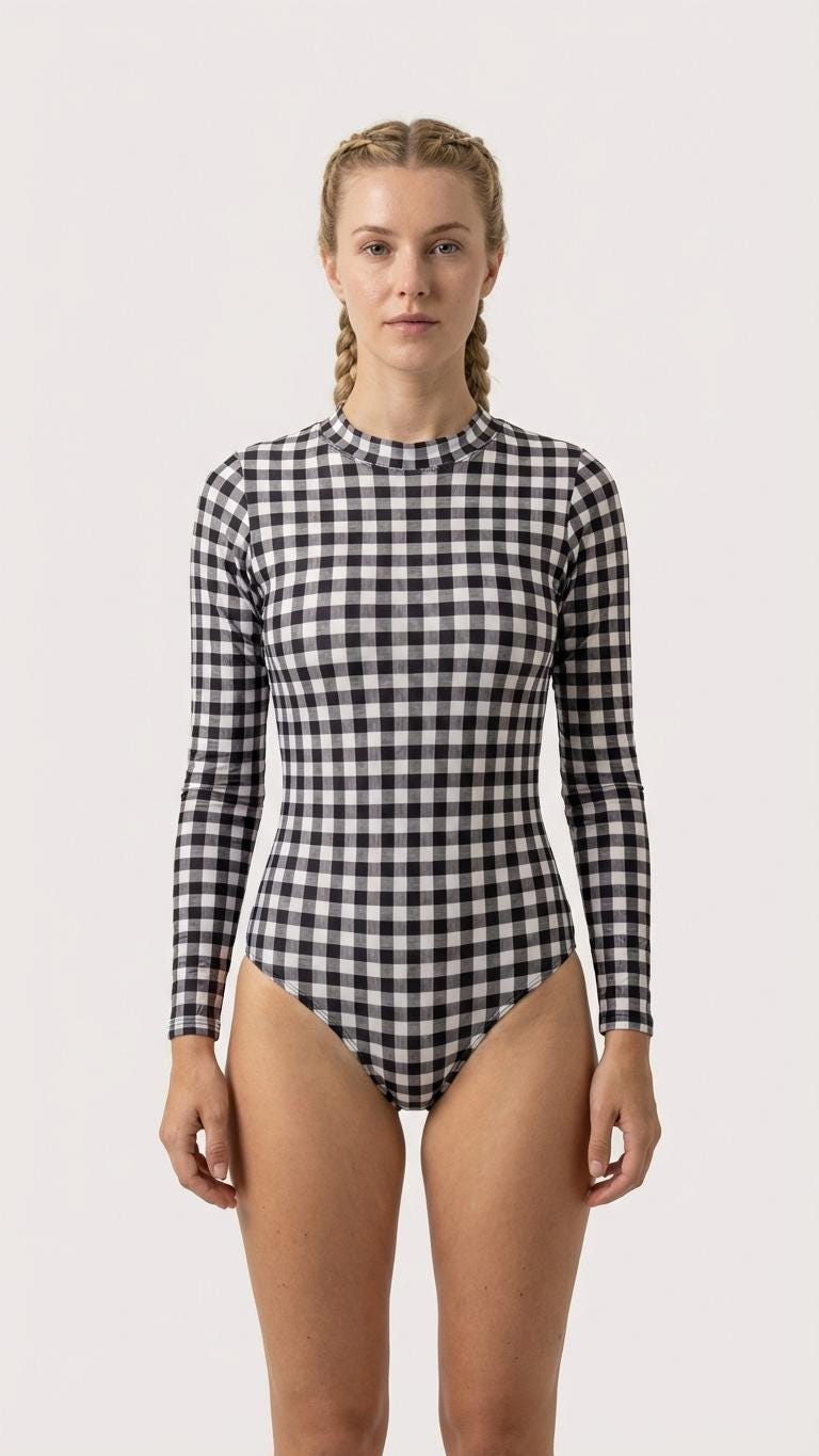 Retro Look Long-Sleeve One-Piece Swimsuit - Back-Zipper - Lightweight - Checkered Gingham - Various Colours