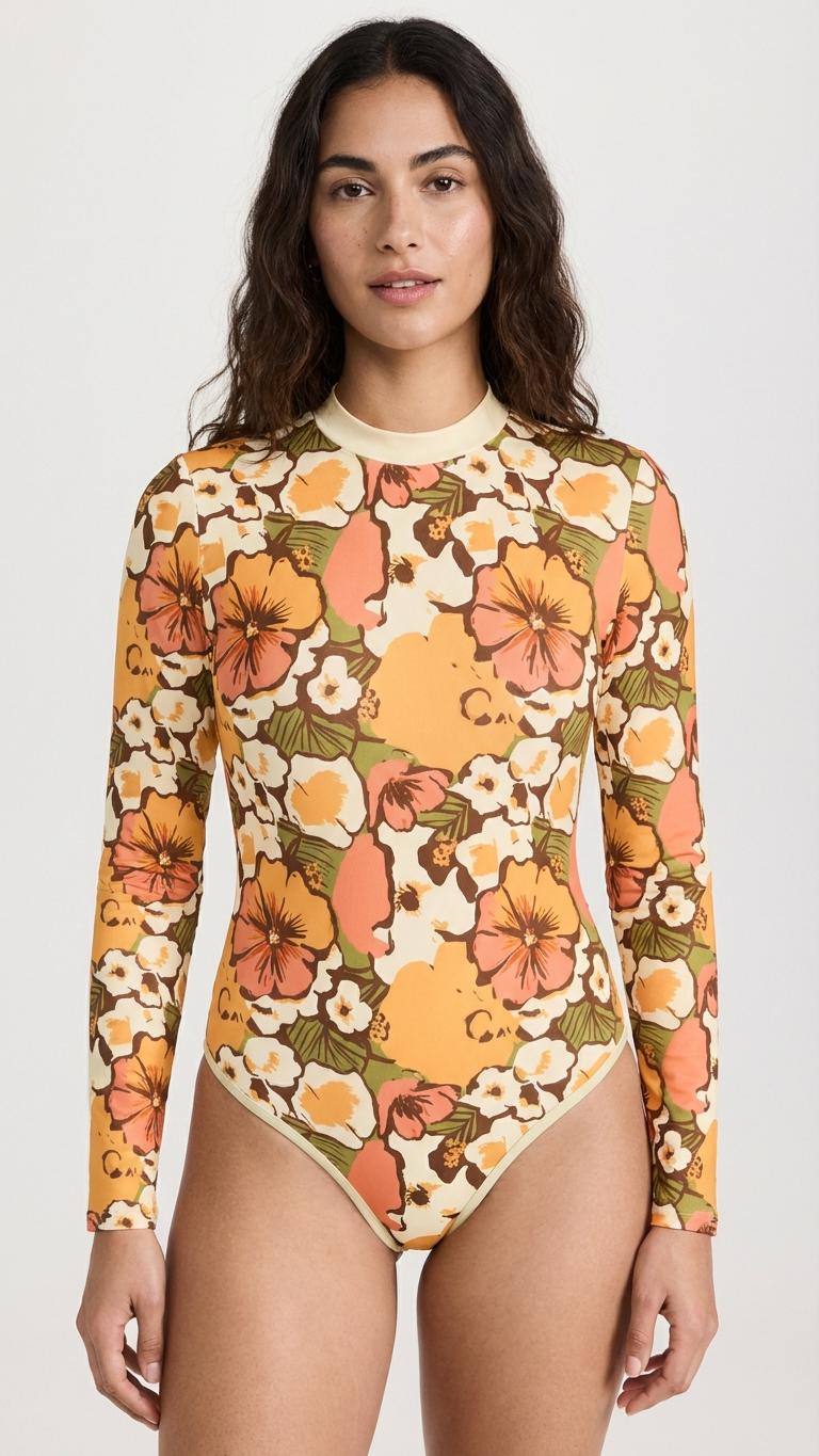 Boho 1960s Floral Psychedelic Retro Long-Sleeve One-Piece Swimsuit - Back Zipper - Soft Chest Pads