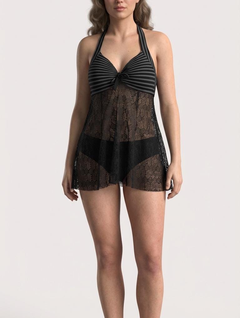 Goth Halter Tankini Swimsuit - Black Mesh, Vintage Stripe