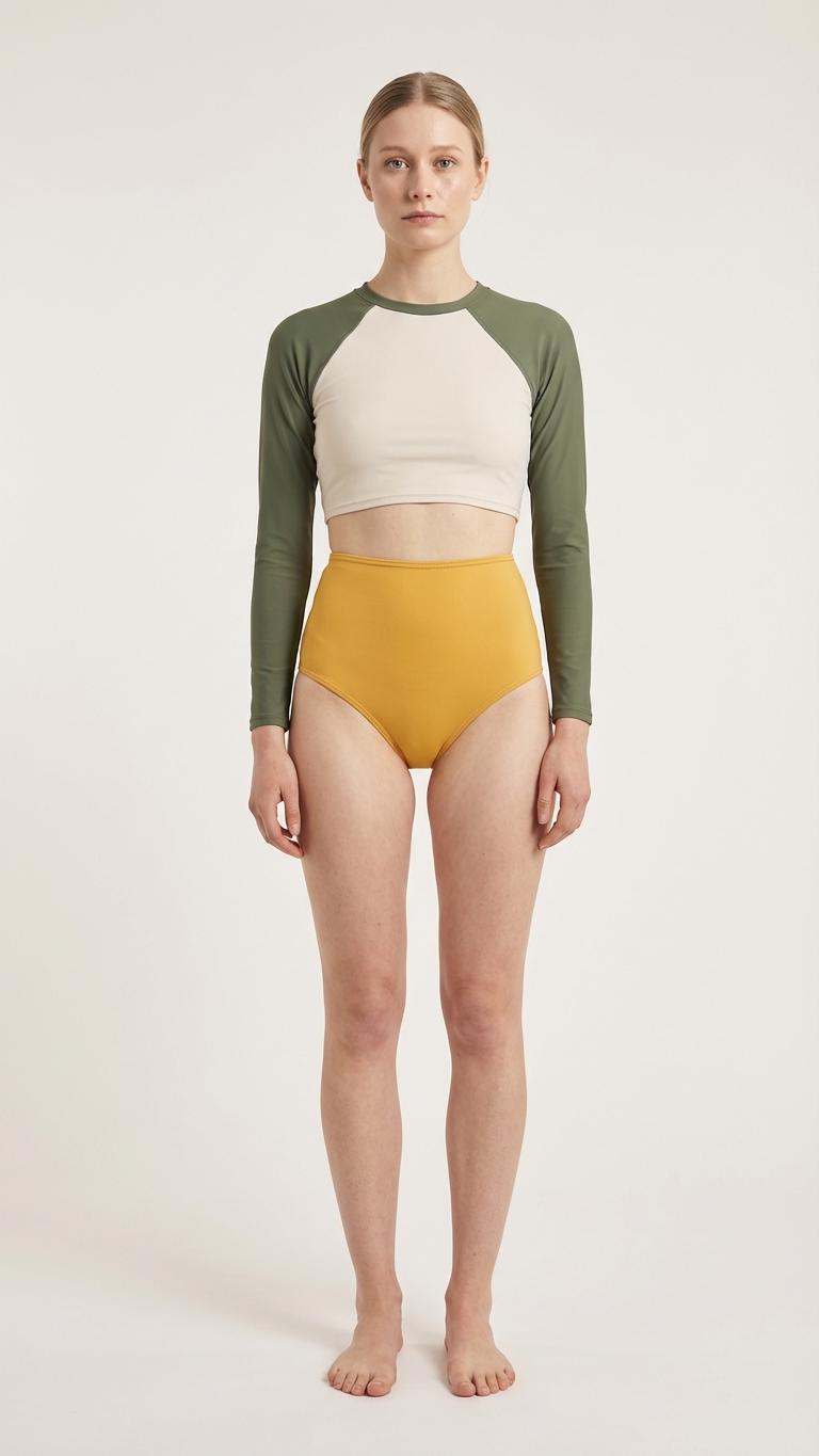 Wild Swimming Long-Sleeve Bikini Cropped Rash-Guard & High-Waisted Bottoms, Sporty Two-Piece Swimsuit, Alpine Flora-Inspired Colours