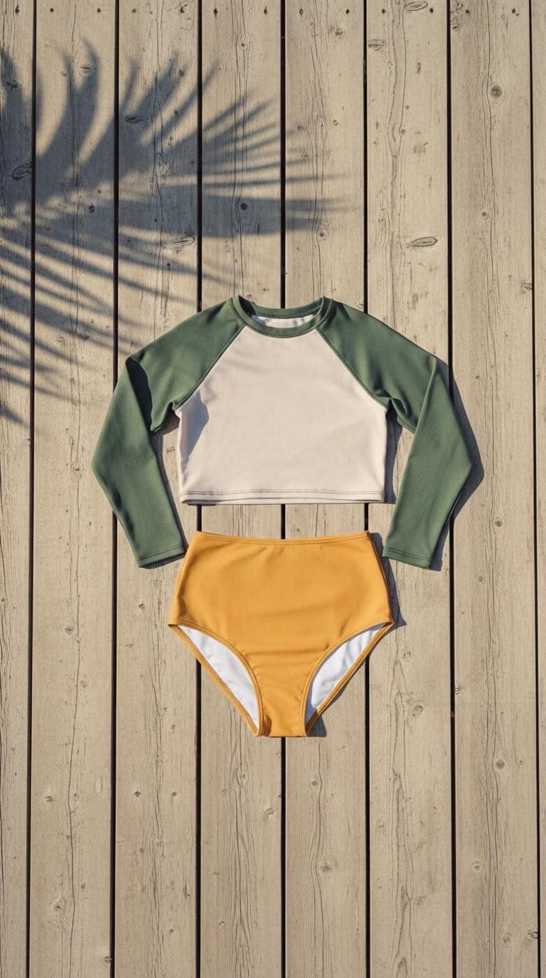 Wild Swimming Long-Sleeve Bikini Cropped Rash-Guard & High-Waisted Bottoms, Sporty Two-Piece Swimsuit, Alpine Flora-Inspired Colours