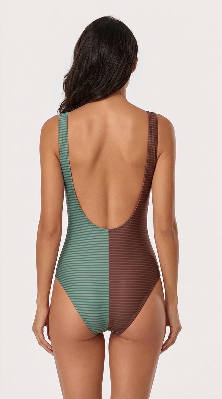 Vintage-Inspired Classic One-Piece Swimsuit, Nautical Bathing Suit, Scoop Back, Stripy Brown & Cyan