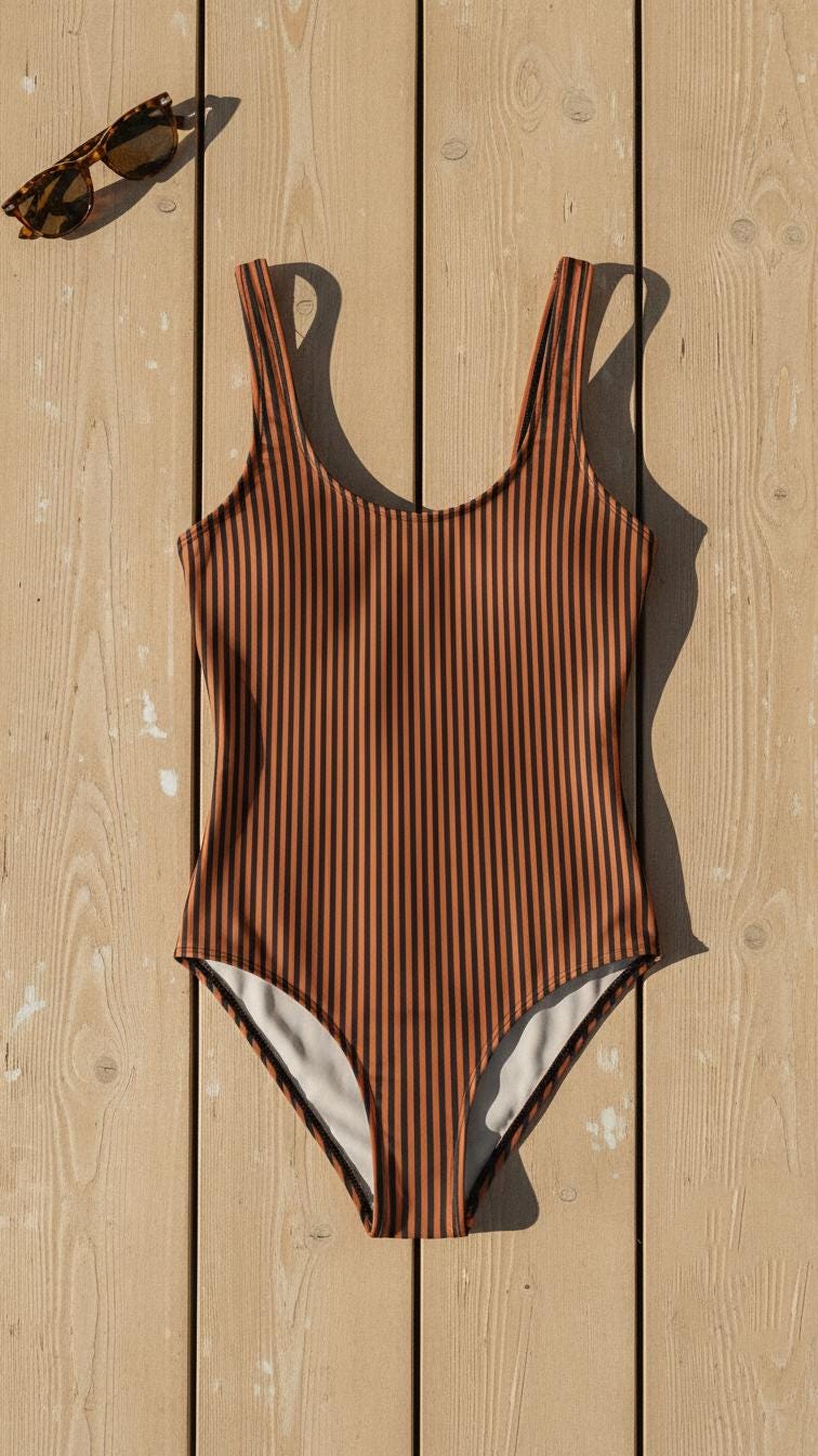 Retro Striped One-Piece Swimsuit, Rust Orange & Black, High Leg