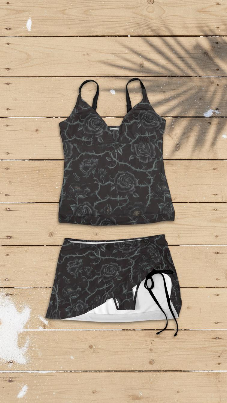 Drawstring Tankini Swimdress Set - Skirted Swimsuit - Black Thorns & Other Colours