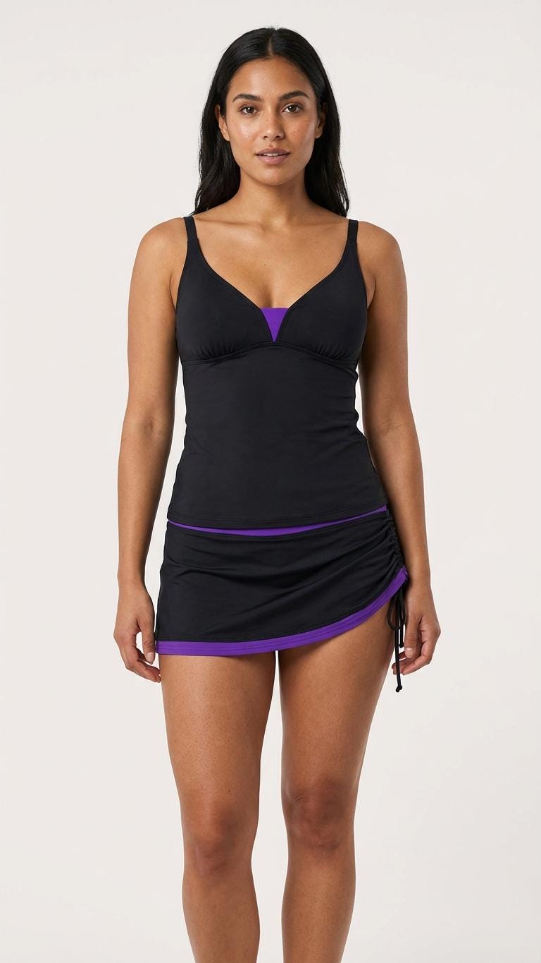 Drawstring Tankini Swimdress Set - Skirted Swimsuit - Black Thorns & Other Colours