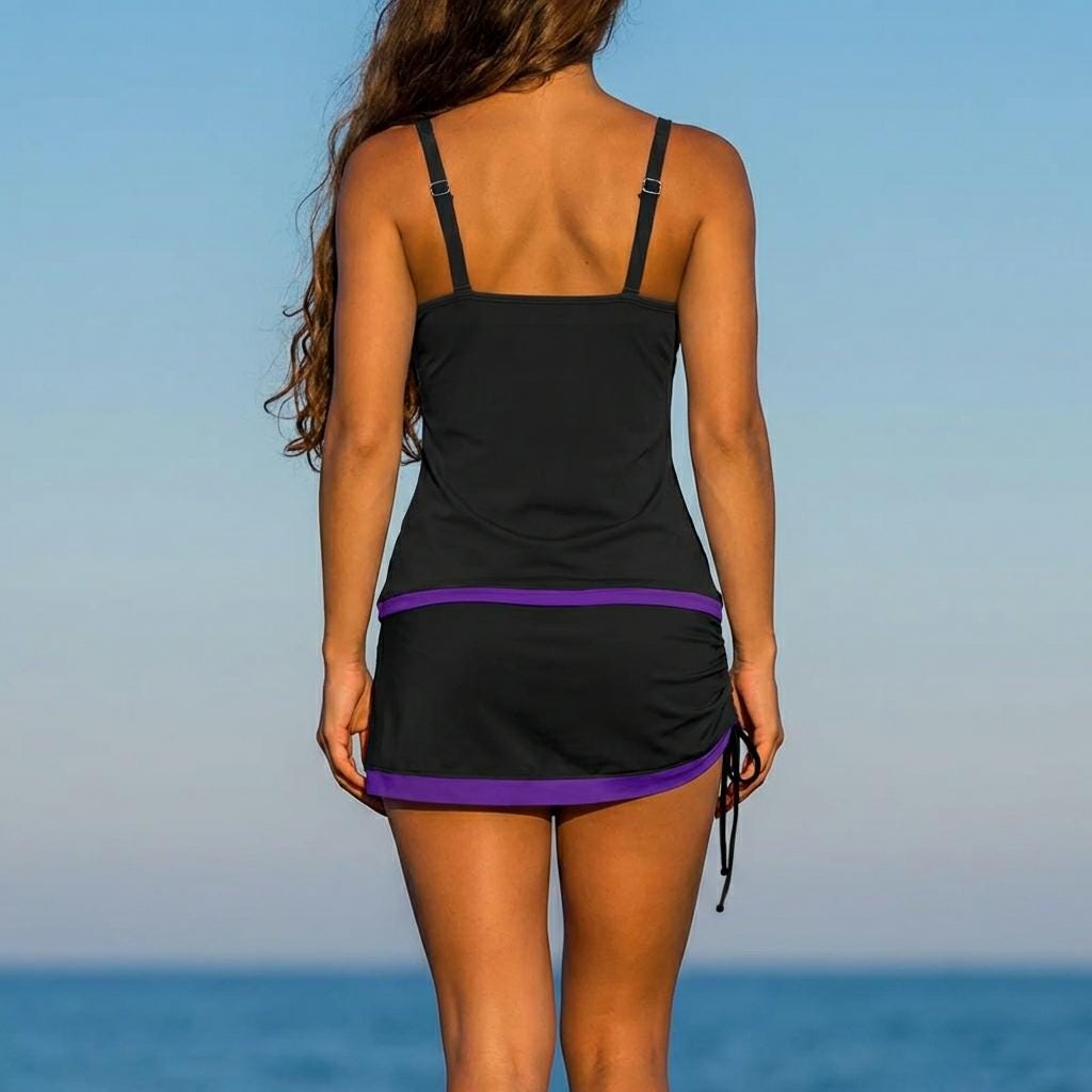 Drawstring Tankini Swimdress Set - Skirted Swimsuit - Black Thorns & Other Colours