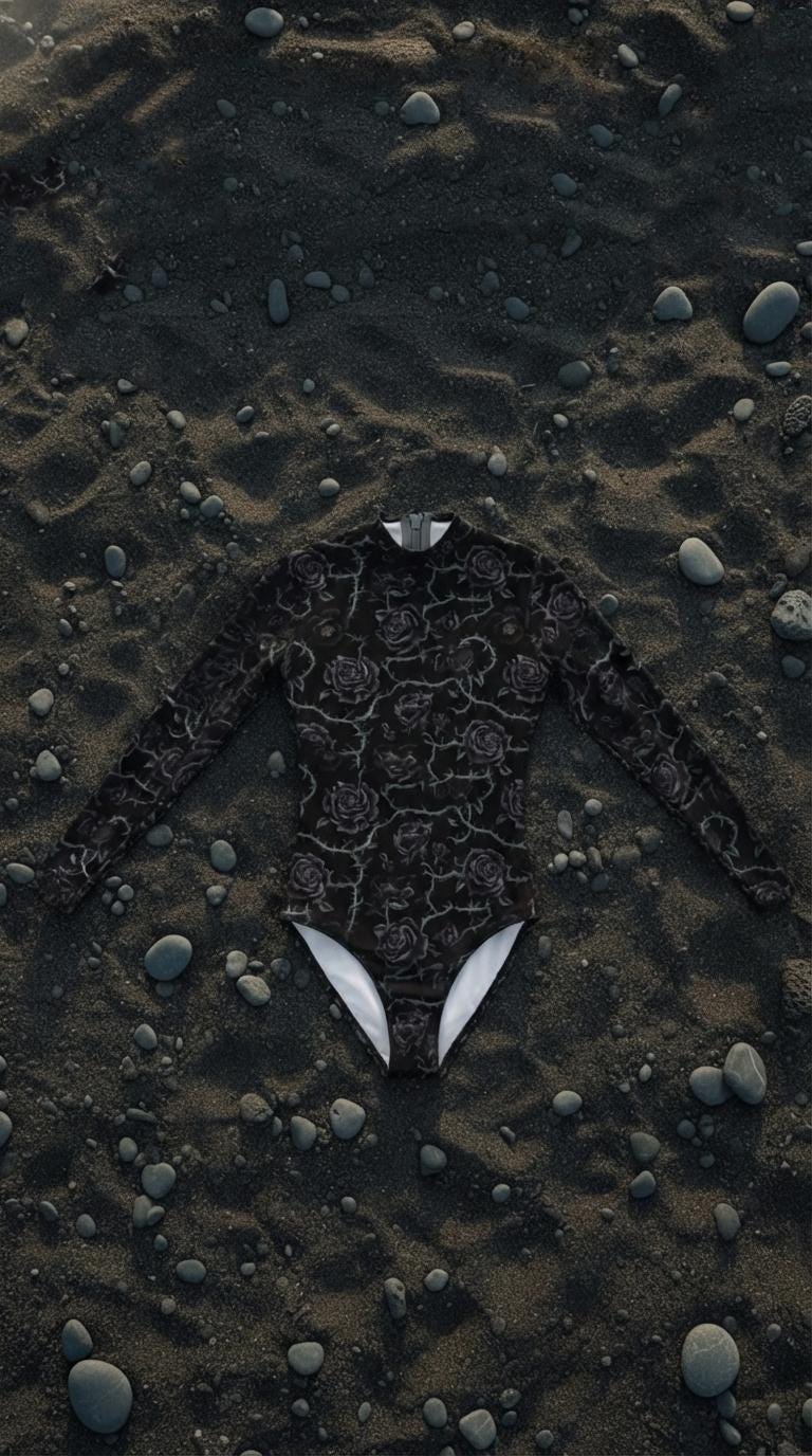 Grunge Goth Black Long-Sleeve One-Piece Swimsuit - Back Zipper - Lightweight - Soft Chest Pads - Roses & Thorns