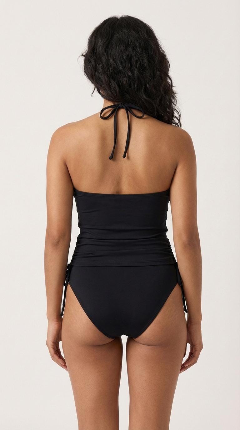 Stylish Black Halterneck Tankini – Sleek Two-Piece Swimsuit with Side Drawstrings, Flattering & Comfortable