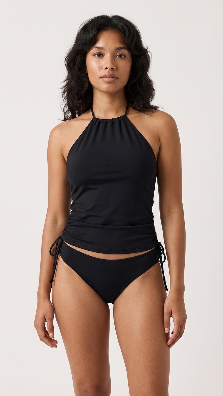 Stylish Black Halterneck Tankini – Sleek Two-Piece Swimsuit with Side Drawstrings, Flattering & Comfortable