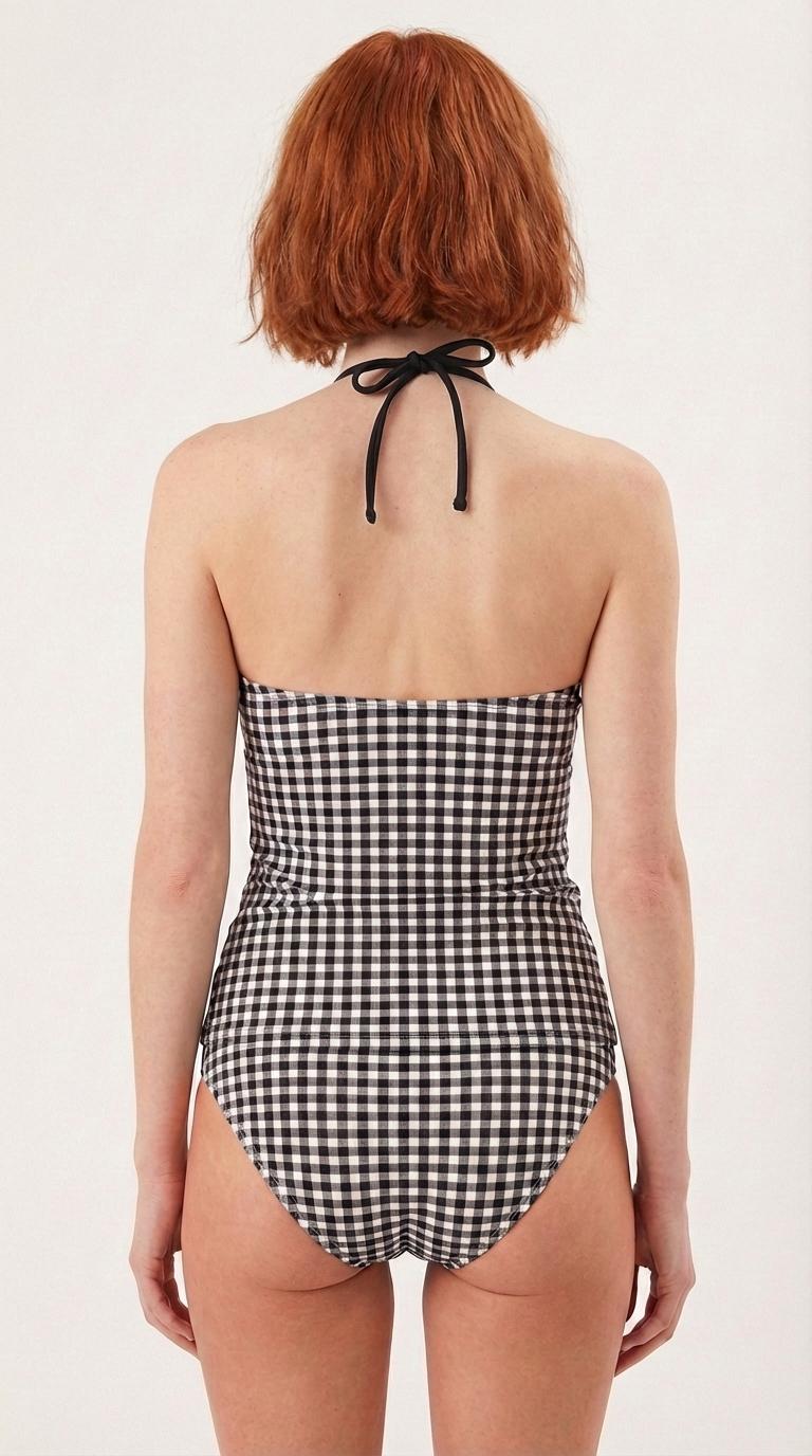 Black Gingham Adjustable Halter Tankini | V-Neck Split Two-Piece Halter Retro Swimsuit | Checkered
