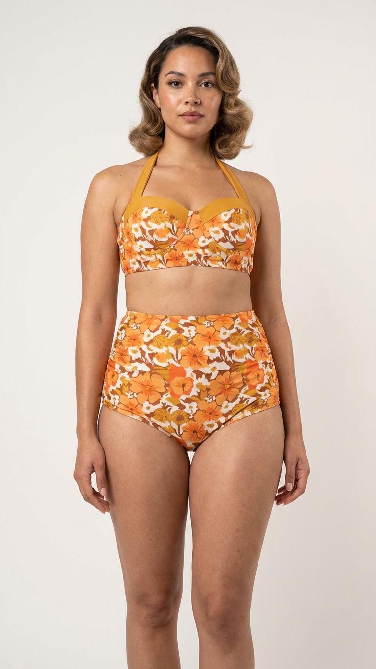 Retro Sweetheart High-Waist Bikini, Floral Pin Up Halter Swimsuit, Hawaii Hibiscus