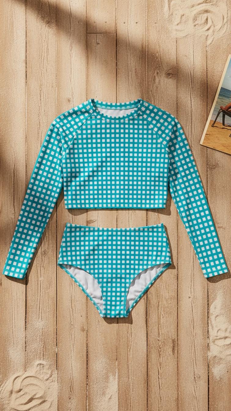 Retro Gingham Surf Suit | Turquoise Long Sleeve Crop Top Bikini