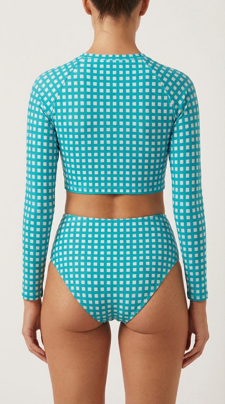 Retro Gingham Surf Suit | Turquoise Long Sleeve Crop Top Bikini
