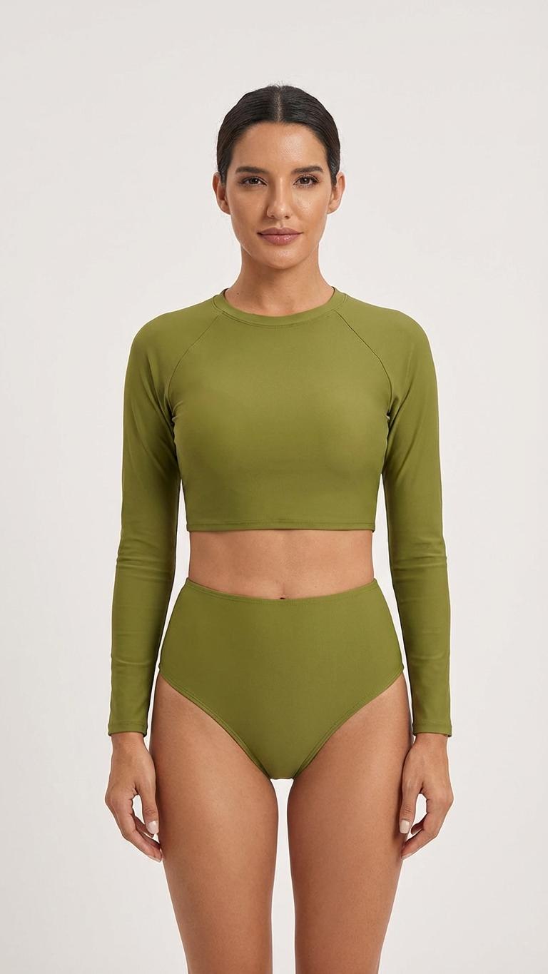 70s Retro Raglan Long Sleeve Crop Top Bikini Set | High Waist Olive Green Swimwear