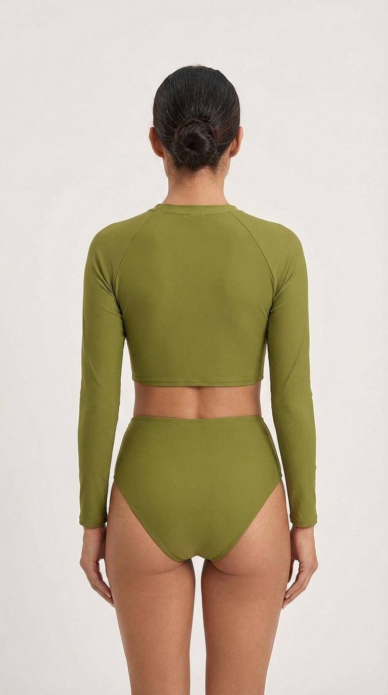 70s Retro Raglan Long Sleeve Crop Top Bikini Set | High Waist Olive Green Swimwear