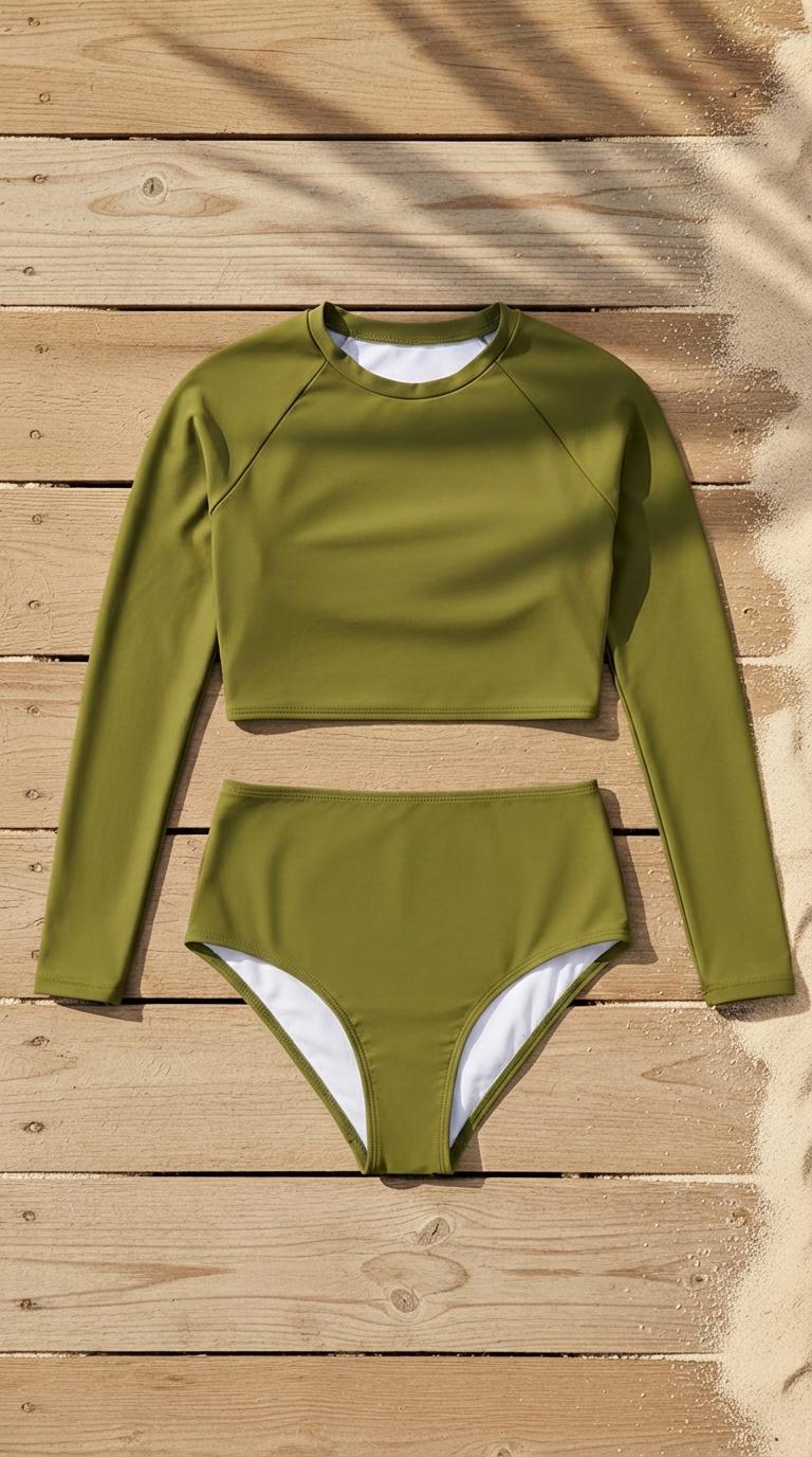 70s Retro Raglan Long Sleeve Crop Top Bikini Set | High Waist Olive Green Swimwear