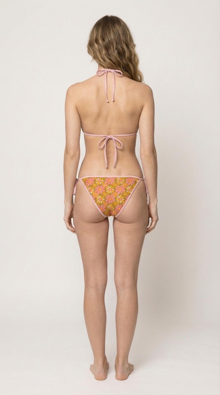 Retro 70s Daisy Triangle Bikini with Pink Trim – Groovy Mustard Floral Print