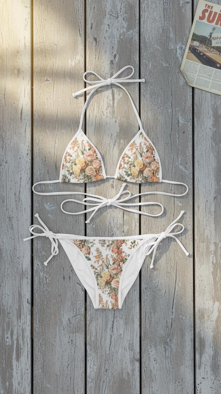 Antique Garden Vintage Floral Bikini – Romantic Rose Print, White Trim, Sizes S to 5XL