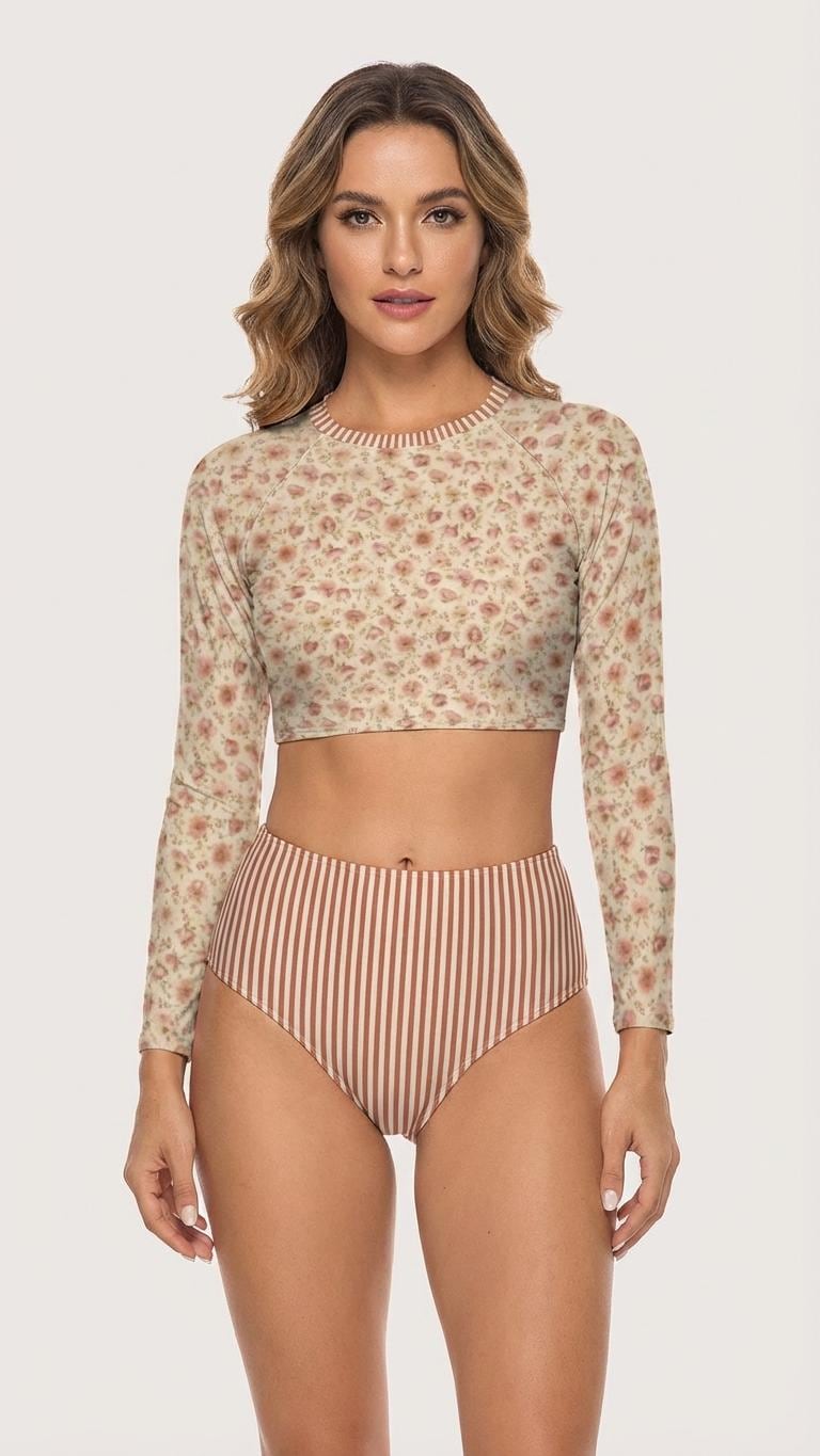 Vintage-Inspired Stripes & Floral Two-Piece Swimsuit | Retro Surf Long-Sleeve Crop-Top | High-Waisted Bottoms | Coquette Roses