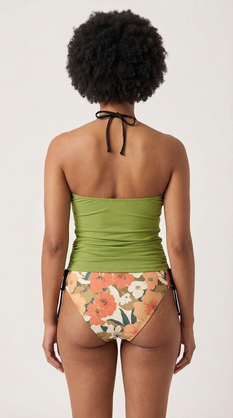 Retro Hawaiian Floral Tankini – Surfer Two-Piece Swimsuit, Halterneck Drawstring, Flattering Fit