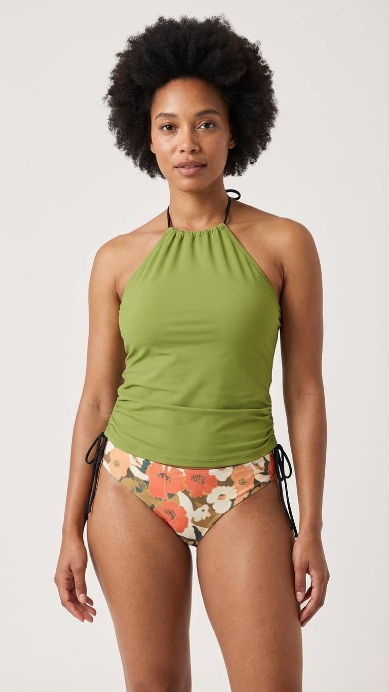 Retro Hawaiian Floral Tankini – Surfer Two-Piece Swimsuit, Halterneck Drawstring, Flattering Fit