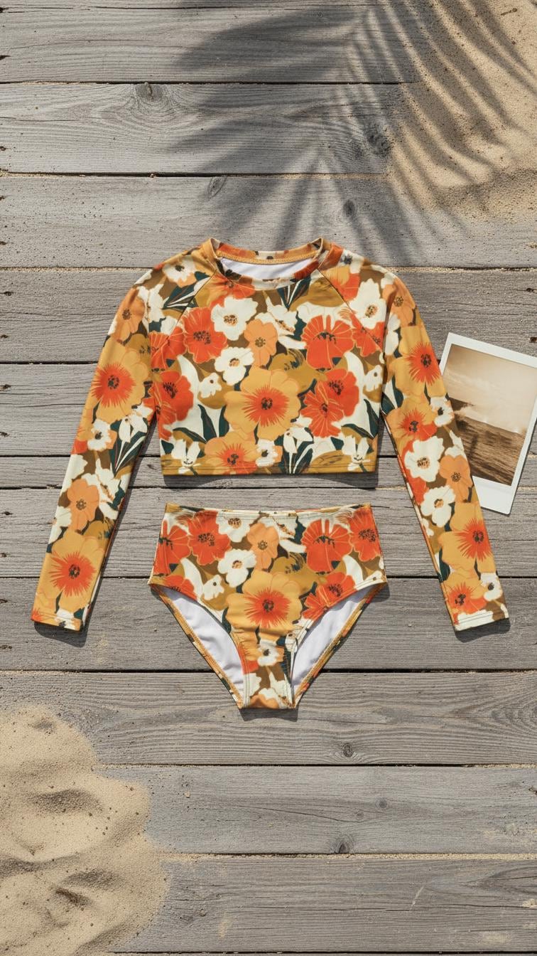 70s Surf Colours Sporty Retro Long-Sleeve Crop-Top Bikini | High-Waist Two-Piece | Hawaiian Flowers