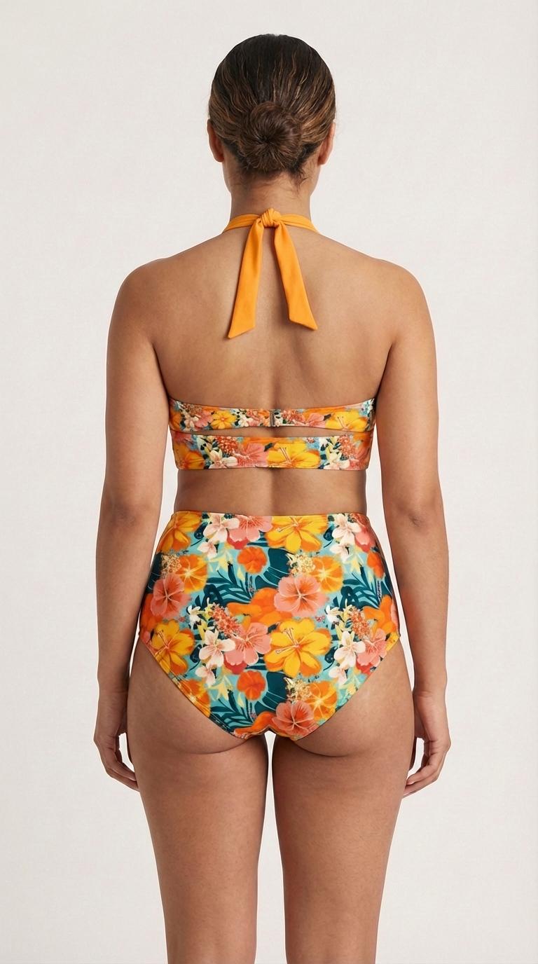 Vintage High-Waisted Bikini | Surf Ruched Halter Two-Piece Swimsuit Pin-Up Bathing Suit | Retro Hawaii Florals