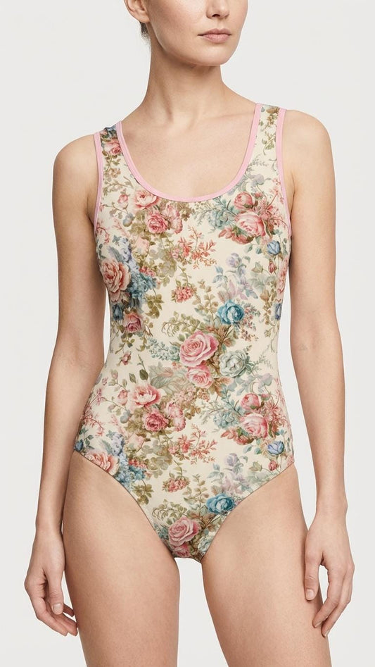 Vintage Rose Floral One-Piece Swimsuit – Coquette Cottagecore Bathing Suit
