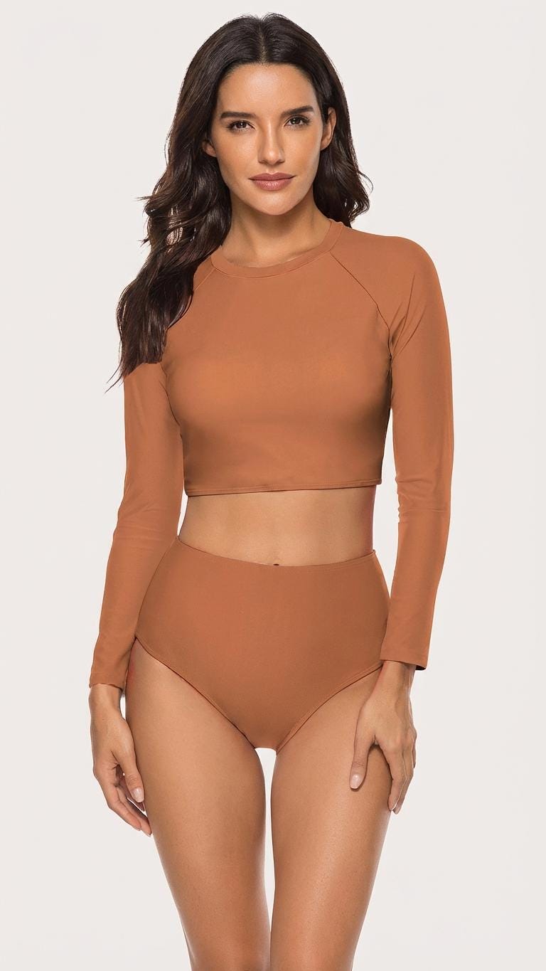70s Retro Surf Colours Sporty Long-Sleeve Crop-Top Bikini | High-Waist Swimwear | S-2XL | Caramel Sunset Brown