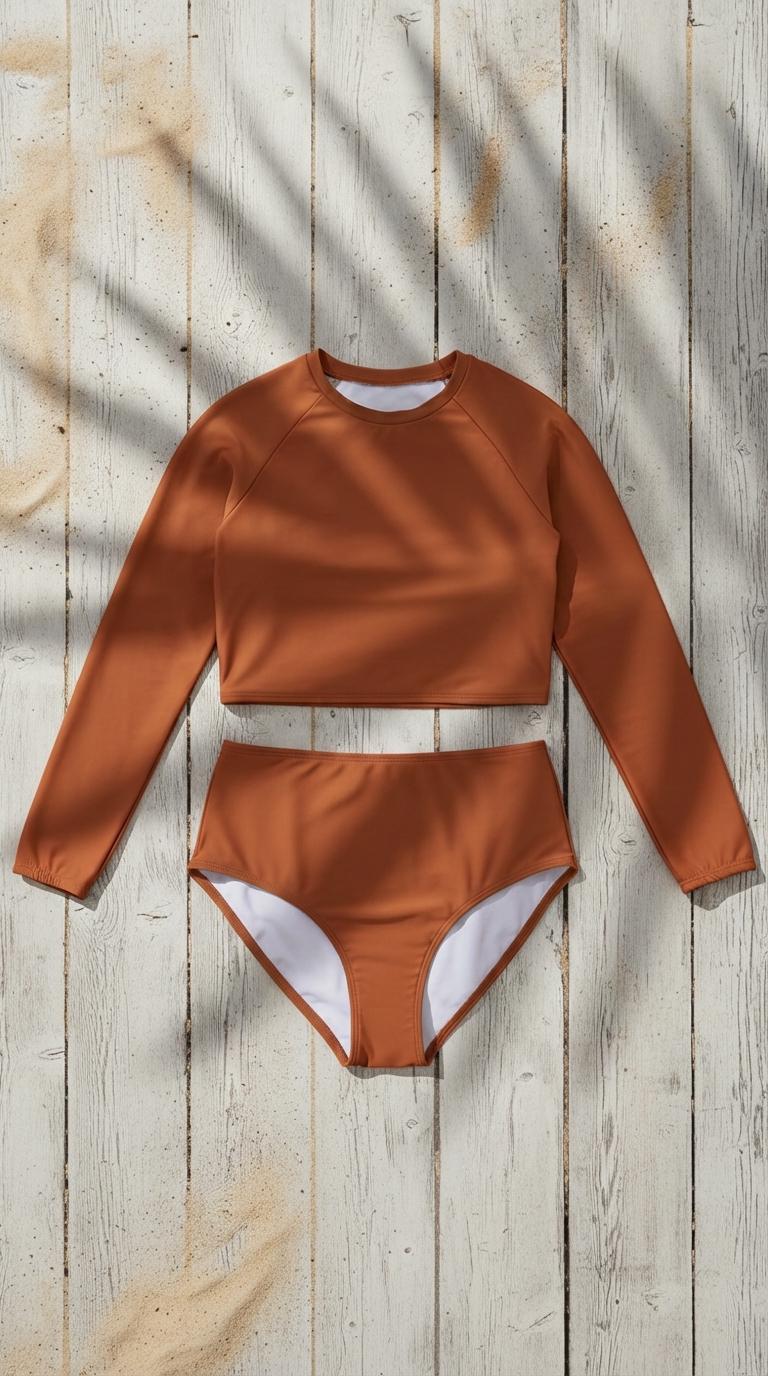 70s Retro Surf Colours Sporty Long-Sleeve Crop-Top Bikini | High-Waist Swimwear | S-2XL | Caramel Sunset Brown