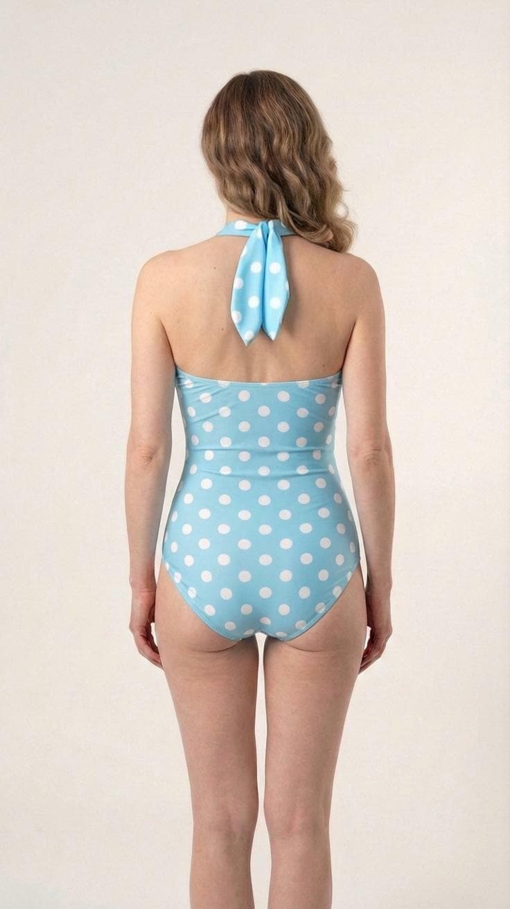 Retro Sky Blue Polka Dot Halter Swimsuit, 50s Pin Up Swimwear Padding & Tummy Control