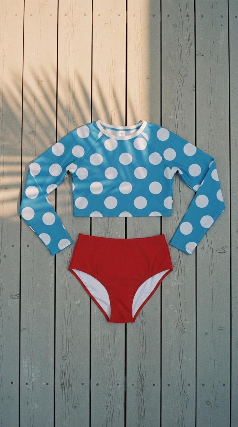 Retro 1950s Pin-Up Sporty Surf Long-Sleeve Crop-Top High-Waist Two-Piece Bikini | Blue Polka-Dot & Red
