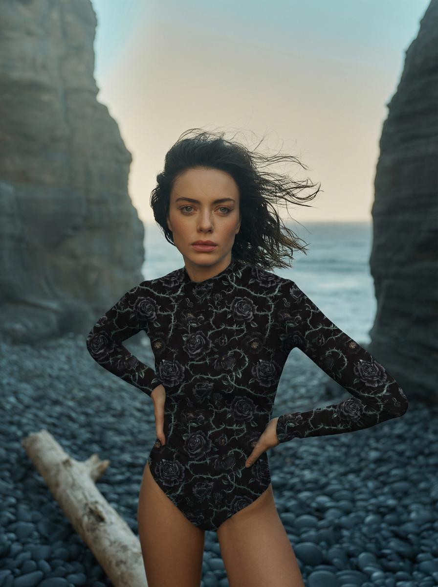 Grunge Goth Black Long-Sleeve One-Piece Swimsuit - Back Zipper - Lightweight - Soft Chest Pads - Roses & Thorns