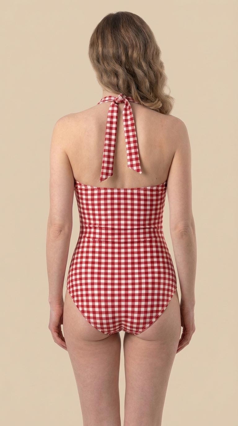 Red Vintage Gingham Traditional Halterneck One-Piece Swimsuit Rockabilly 50s Pin Up, Padding & Tummy Control