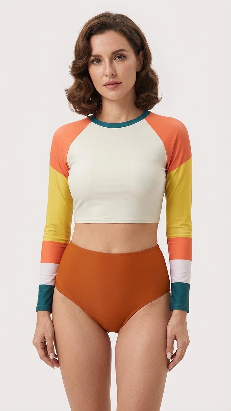 70s Retro Surf Sporty Long-Sleeve Crop-Top Bikini | High-Waist Two-Piece Swimwear | Multicolour