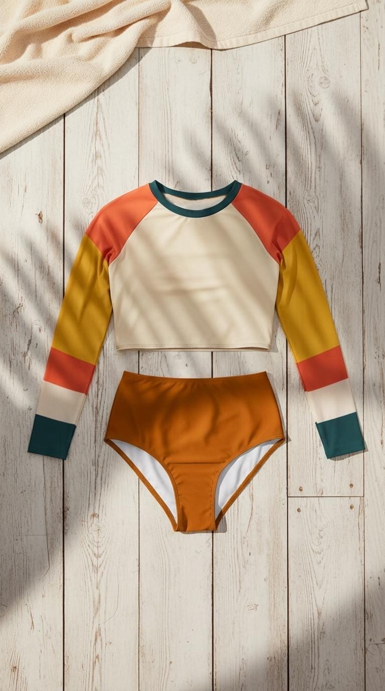 70s Retro Surf Sporty Long-Sleeve Crop-Top Bikini | High-Waist Two-Piece Swimwear | Multicolour