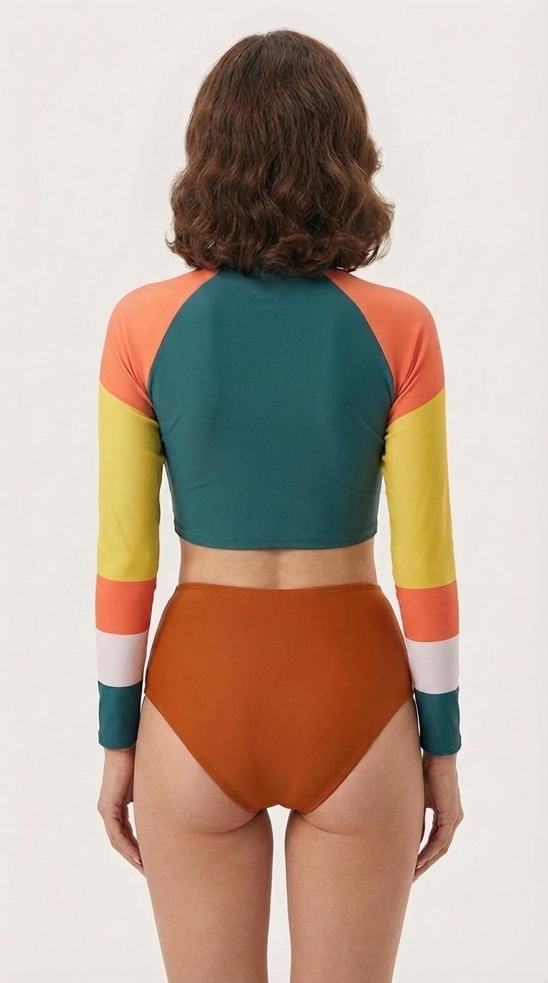 70s Retro Surf Sporty Long-Sleeve Crop-Top Bikini | High-Waist Two-Piece Swimwear | Multicolour