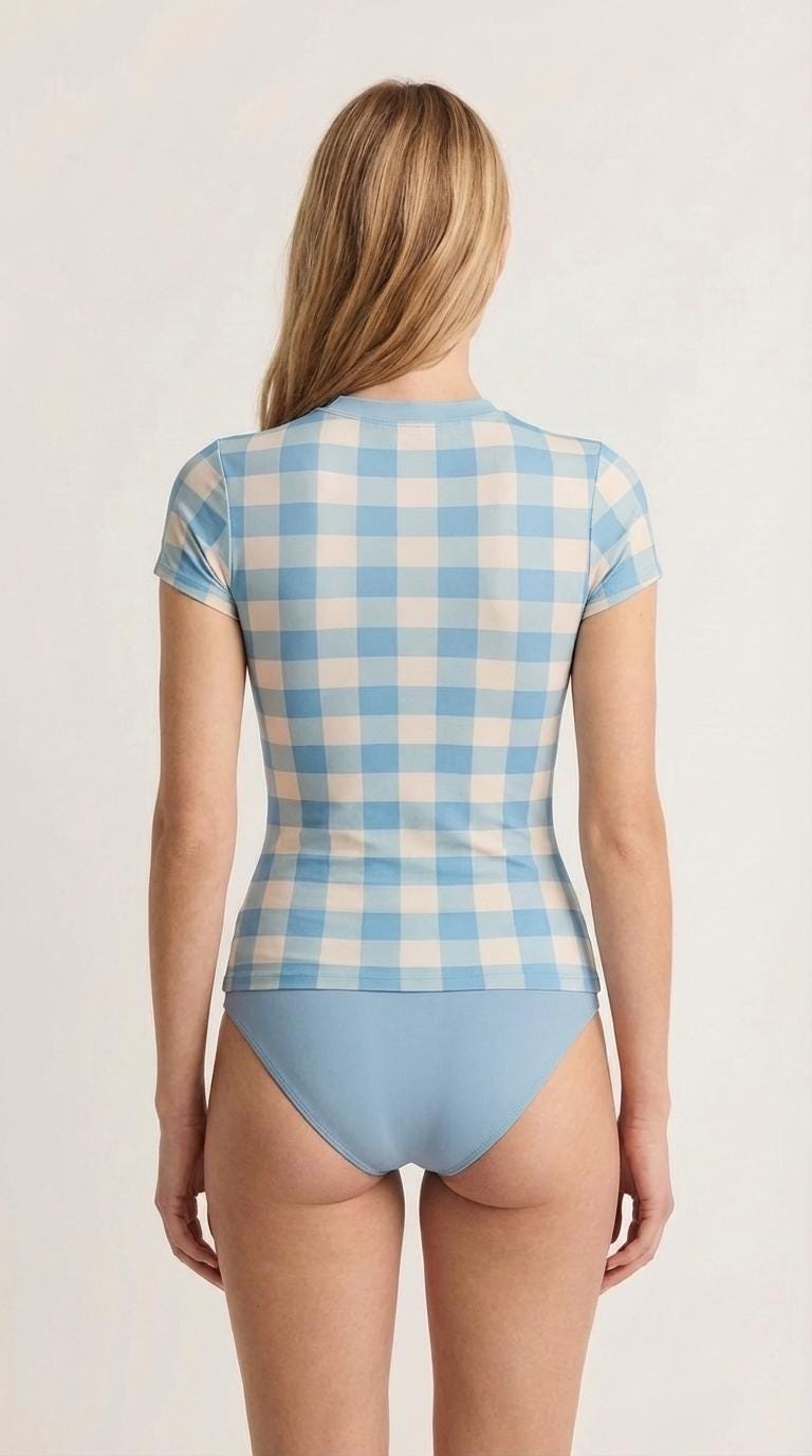 Retro Surf Bikini-Set – Stylish Short-Sleeve Rash-Guard Swim-Top, Briefs Tankini | Blue Gingham