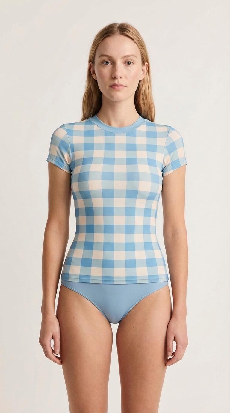 Retro Surf Bikini-Set – Stylish Short-Sleeve Rash-Guard Swim-Top, Briefs Tankini | Blue Gingham